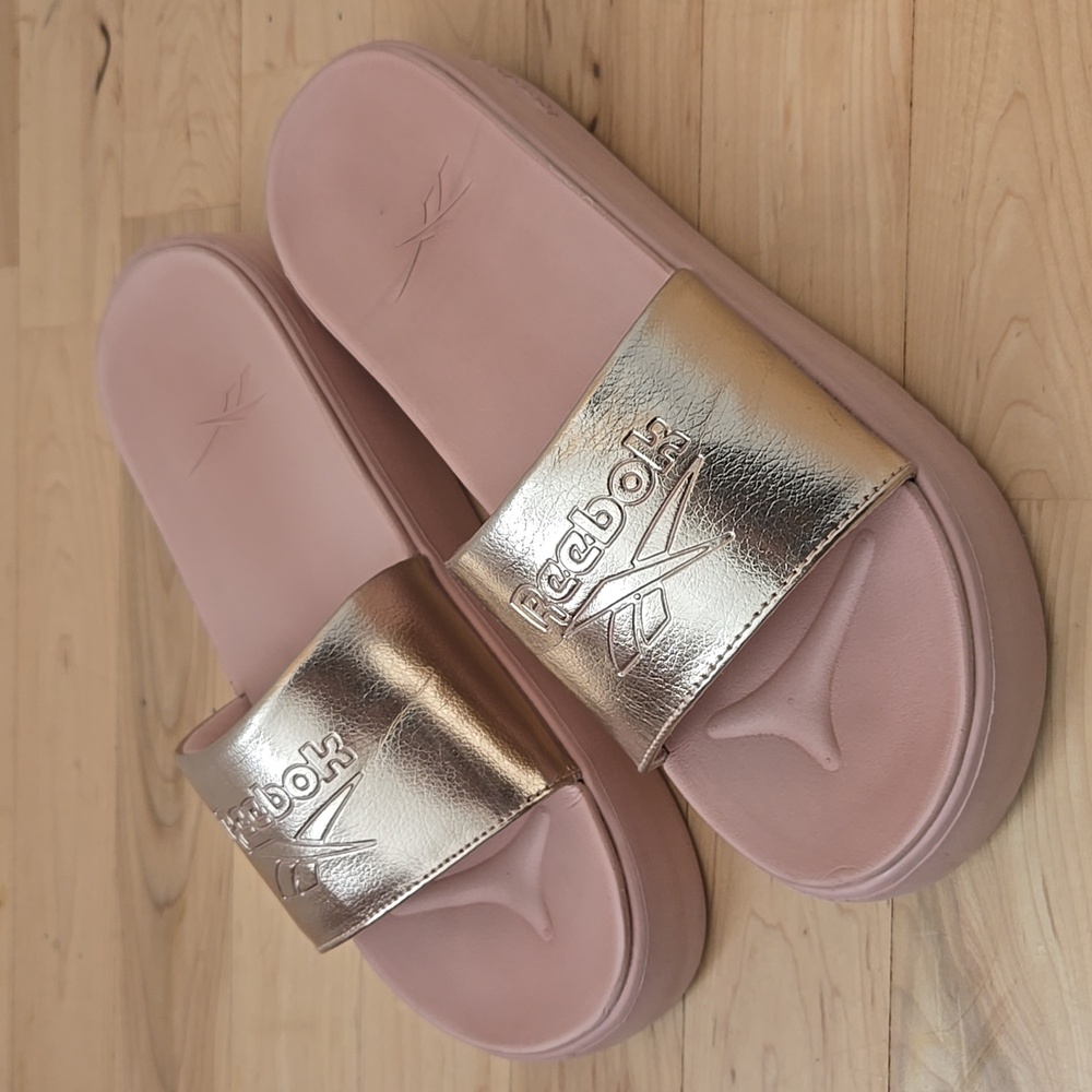 Reebok Women's Gold and Pink Slides
